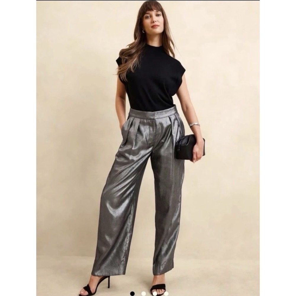 Banana Republic Pleated Wide Leg RELAXED LAMÉ TROUSER Metallic Size‎ 4